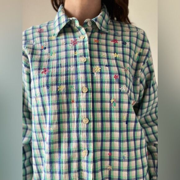Vintage Plaid Floral Embroidered Button Down Long Sleeve Top Size Large - Picture 14 of 15